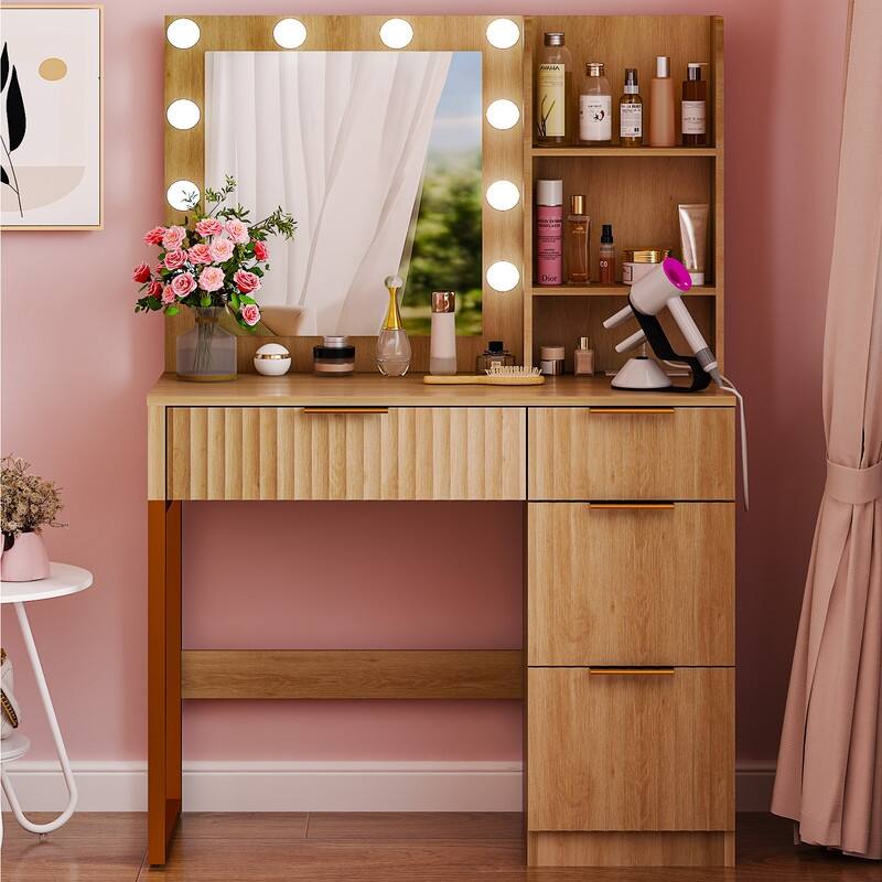 Particle Board Veneered with Textured Melamine 4-drawer 2-shelf with 10 Three-color Dimmable Bulbs Dressing Table - N/A