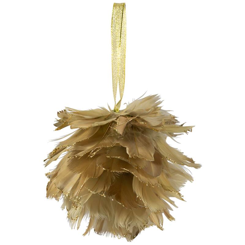 Glittered Feathers Christmas Ball Ornament - 6" - Tan