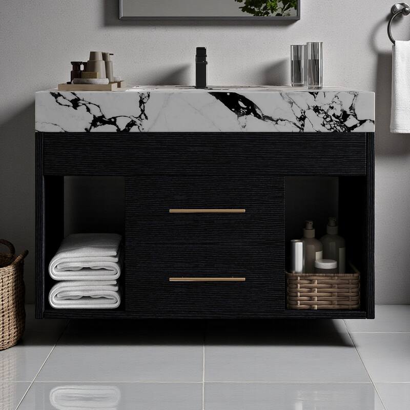 29.9" Floating Bathroom Vanity with Bulgari White Sintered Stone Top, Ceramic Undermount Sink & Storage - Black