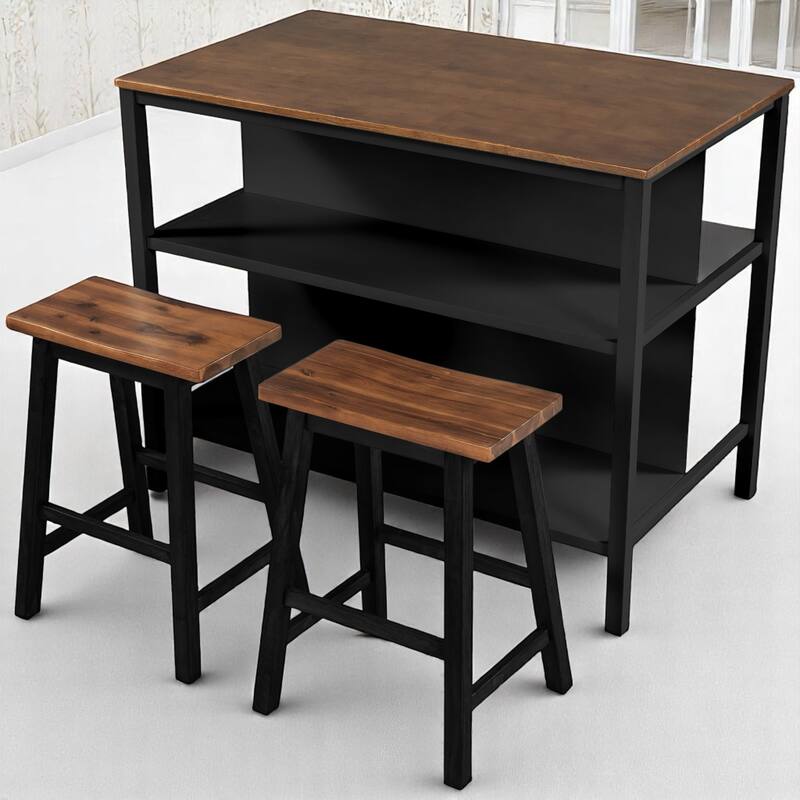 3-Piece Solid Wood 45" Table Set with 2 Stools, Counter Height Dining Set with Open Storage Shelves for Dining Room or Kitchen