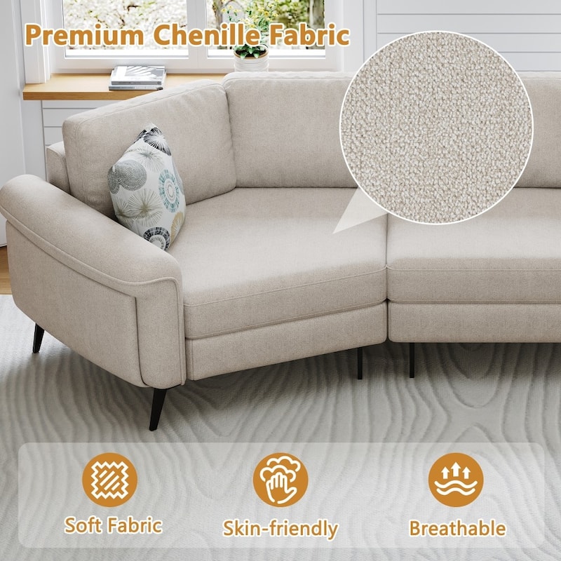 111" Modern Upholstered 3-seater Curved Sofa Couch with 2 Printed Pillows for Living Room