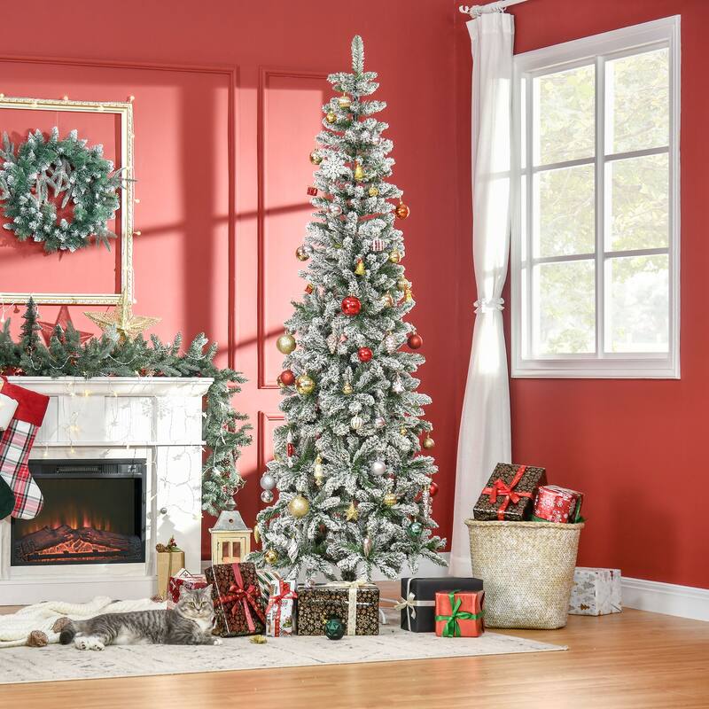 HOMCOM Unlit Snow-Flocked Slim Pine Tree - Realistic Branches - Green