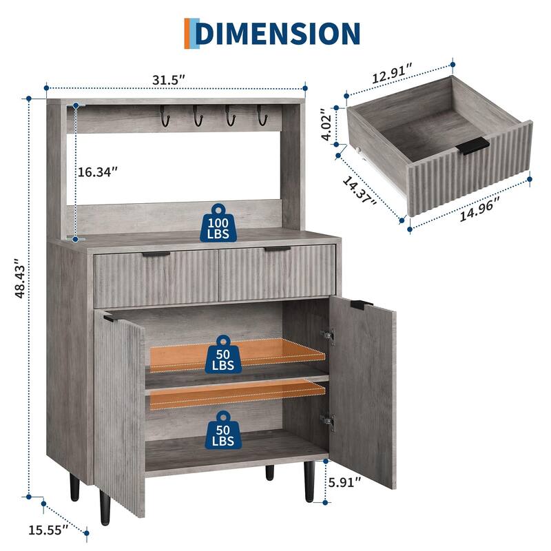 Fluted Sideboard Buffet Cabinet with Storage, Modern Coffee Bar Cabinet with 2 Drawers & Adjustable Shelves