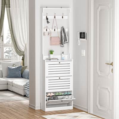 Anmytek White Hall Tree Shoe Storage with Coat Racks for Entryway 3 Flip Drawers Shoe Rack Organizer