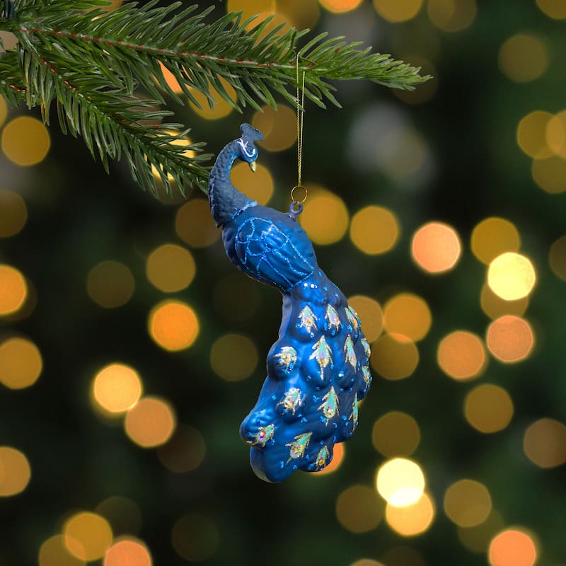 Glittered Peacock Glass Christmas Ornament - 6" - Indigo Blue