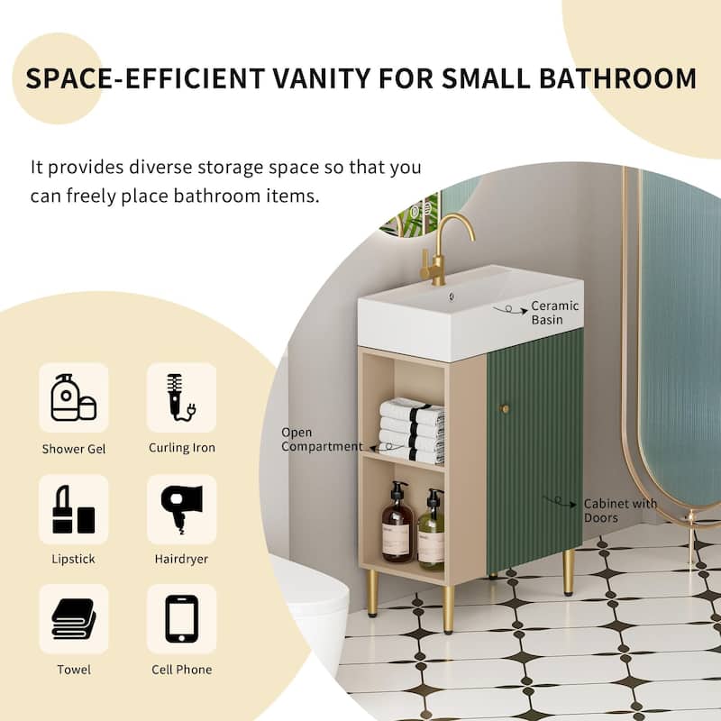Open-shelving Bathroom Vanity with Ceramic Sink and Soft-Closing Door, Cloakroom Open Shelf Storage Cabinet on the Left Side