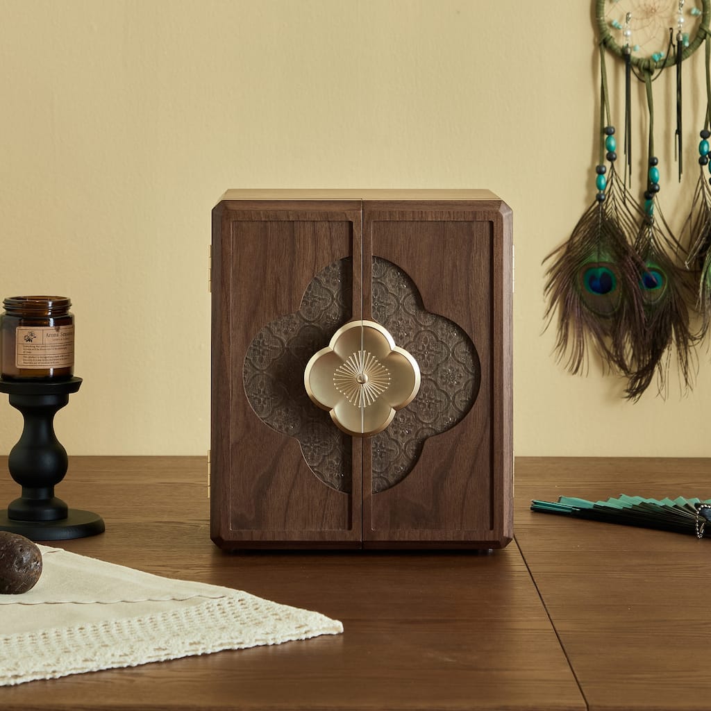 Walnut Color Double Doors with Begonia Handle 5-Layer High Capacity Jewelry Box - 9.06