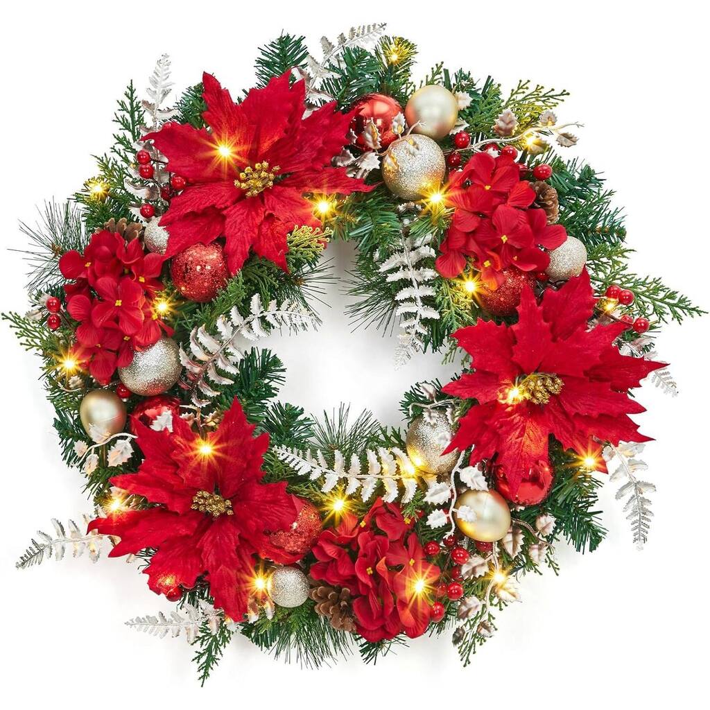 24 Inch Christmas Wreath with Lights Red Berries and Gold Ornaments - N/A