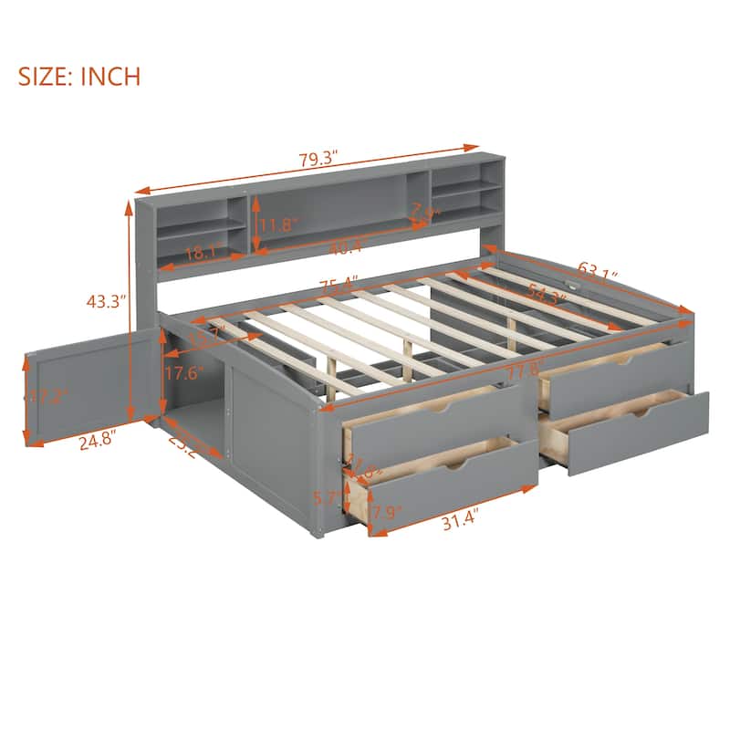 Full Daybed with Storage Drawers, Shelves & Bedside Cabinets, No Box Spring Needed