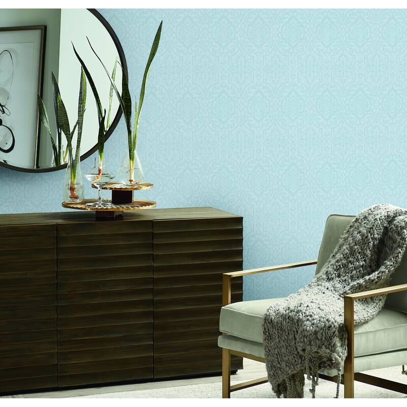 Gagny Blue Sure Strip Prepasted Damask Catherdral Damask Wallpaper Covers about 60.75 sq. ft.
