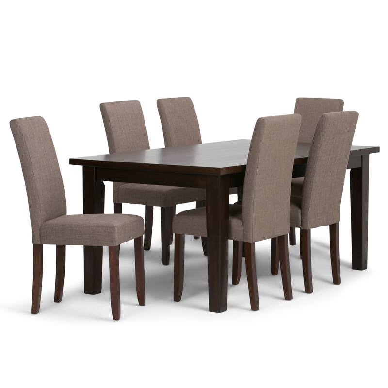 WYNDENHALL Normandy Transitional 7 Pc Dining Set with 6 Upholstered Parson Chairs and 66 inch Wide Table