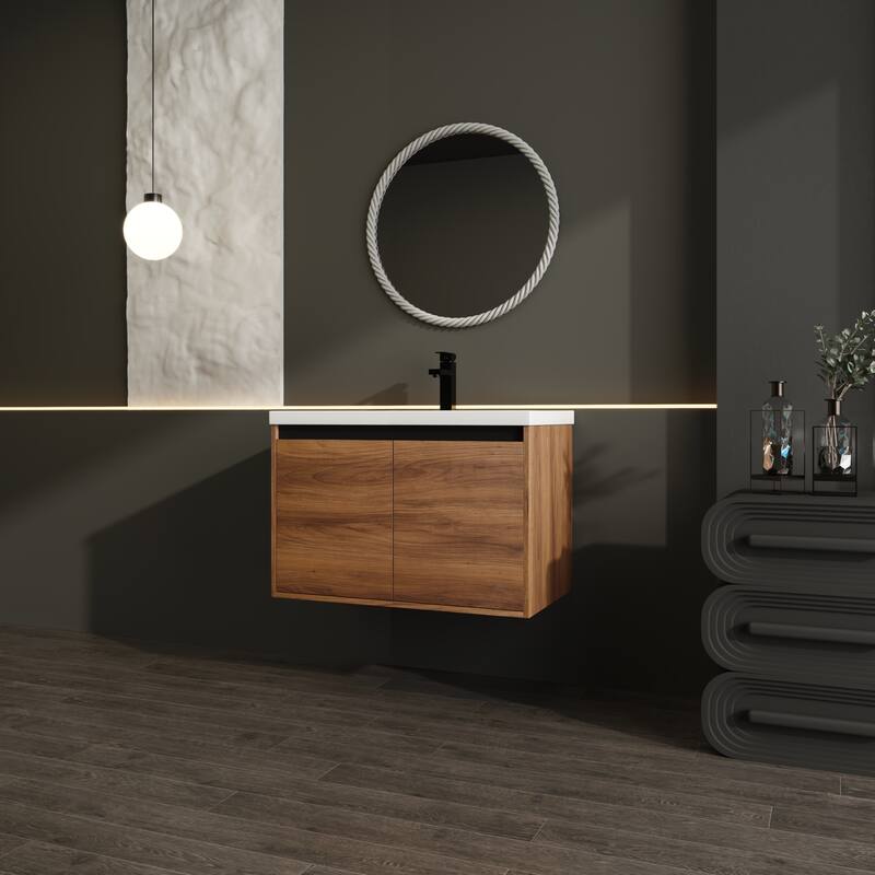 GDFStudio - Levistar Modern Wall-Mounted Bathroom Vanity Set with Scratch-Resistant Resin Sink & Soft Close Doors