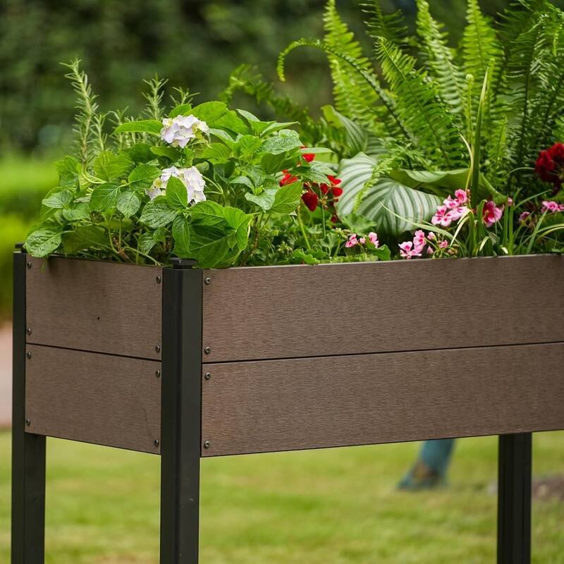 49x49x85cm HDPE Elevated Garden Bed with Storage Shelf - Wood Grain Planter Box with Aluminum Frame