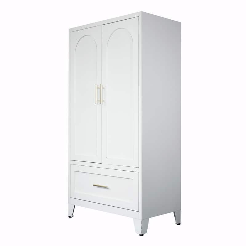 60" Tall Metal Wardrobe Cabinet - 2-Door Closet with Hanging Rod, Shelf, and Drawer