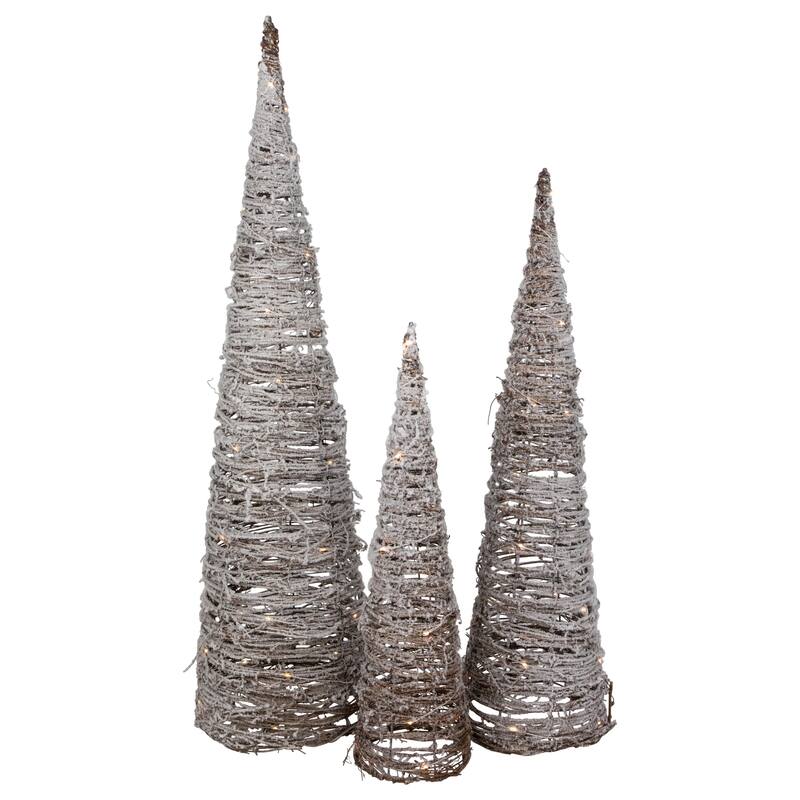 Set of 3 LED Lighted Snowy Rattan Christmas Cone Tree Decorations 3.25'