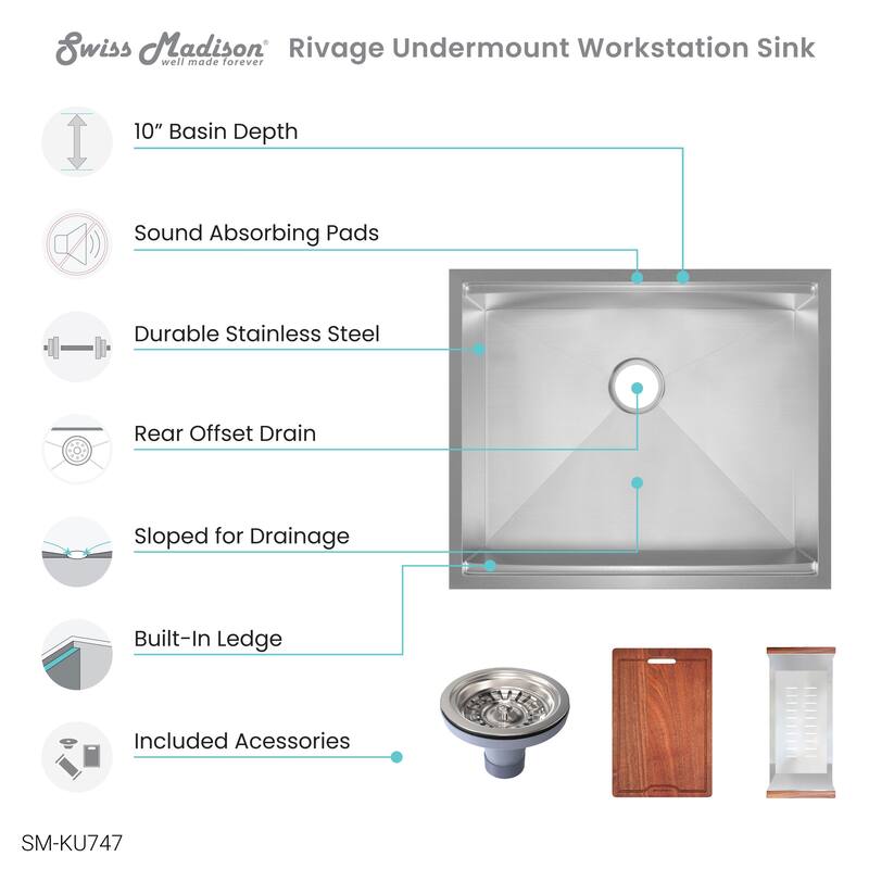 Rivage 27 x 19 Single Basin Undermount Kitchen Workstation Sink - 27 x 19