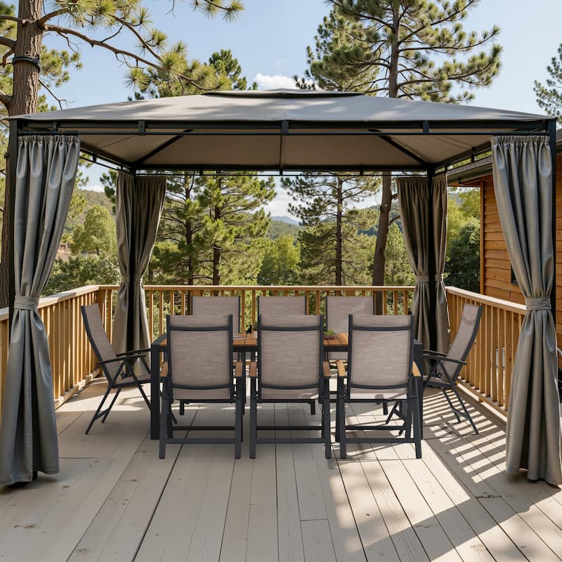 Outdoor Patio Aluminum Folding Chairs Set with Adjustable Backrest, Solid Wood Armrest - Espresso - 8PC