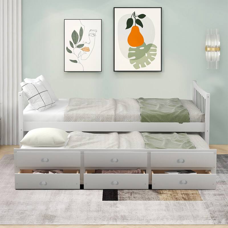 Minimalist Wooden Daybed with a Trundle and Three Underbed Drawers - White - Twin