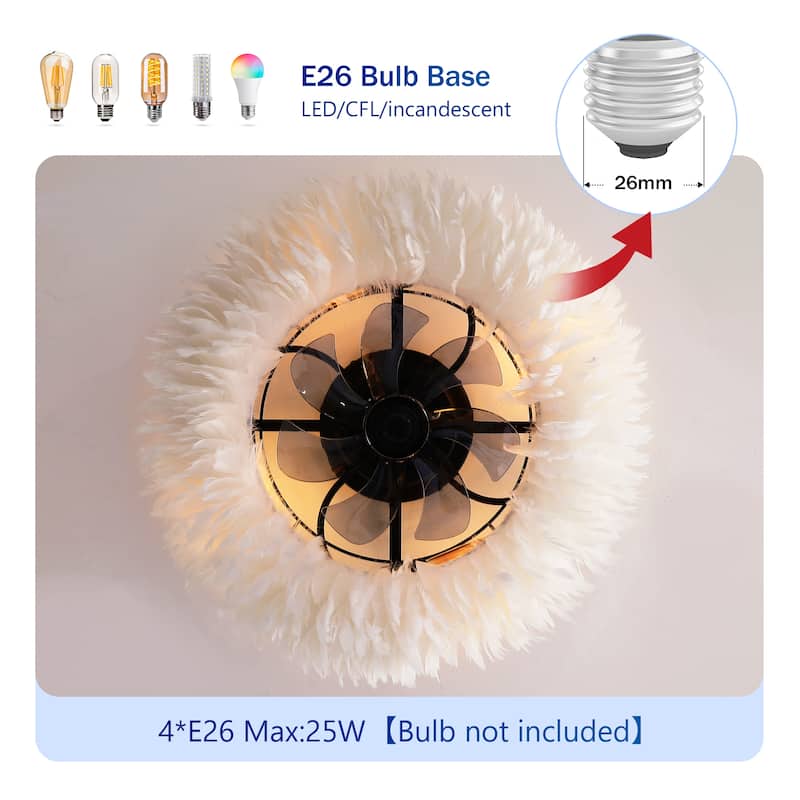 Cusp Barn 20'' Flush Mount Caged Ceiling Fans with Light and Remote, Feather 6 Speed DC Motor Reversible Ceiling Fan for Bedroom