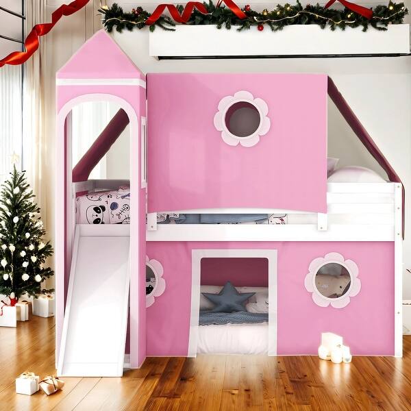 slide 2 of 29, Kid Bed Frame Twin Size House Loft Bed with Slide Pink Tent and Tower Pink