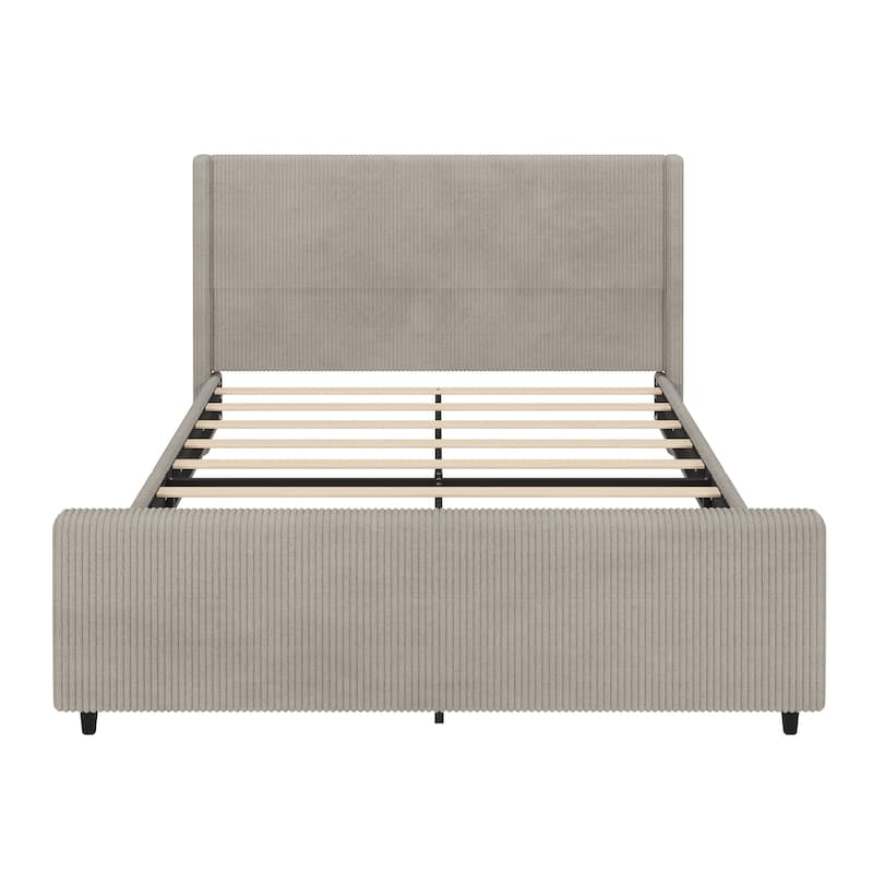 King Size Platform Bed Taupe Corduroy Fabric Wingback Bed