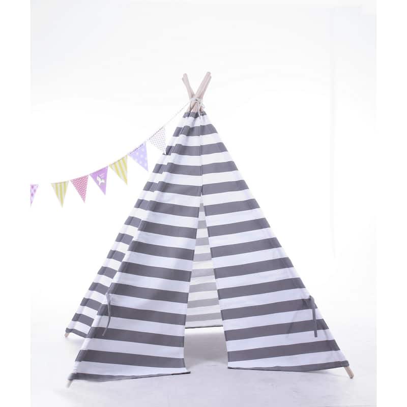 Natural Cotton Canvas Teepee Tent for Kids Indoor & Outdoor Use - GreySmallStripe_2pc