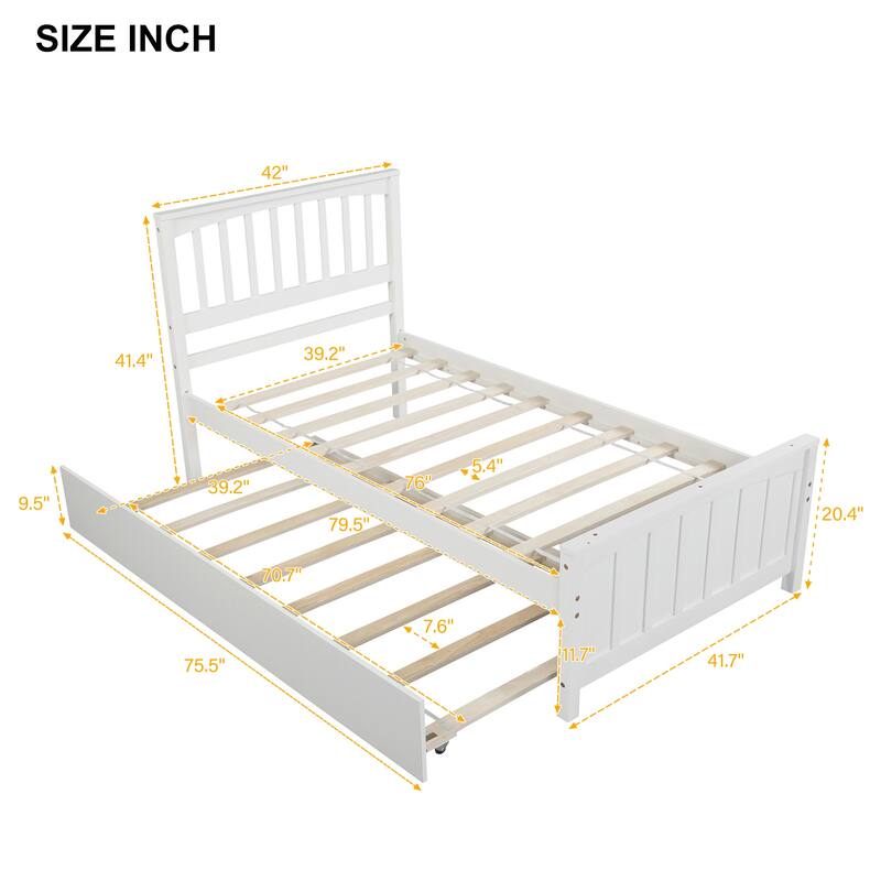 Twin Size Platform Bed with Trundle Bed, Headboard and Footboard & Wooden Slat Support