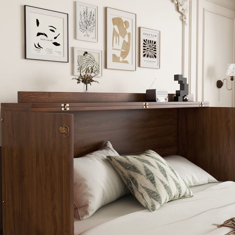 Queen Size Wood Murphy Bed with Power Station,Rattan Decoration Panel and Drawer