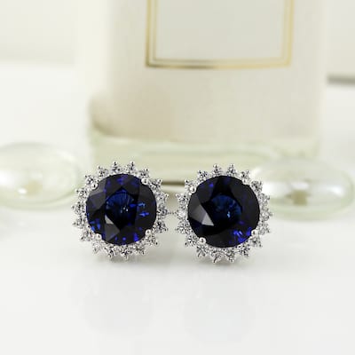 Auriya Unique 15 1/4ct Royal Blue Sapphire and 1 7/8ctw Halo Diamond Stud Earrings 18K Gold