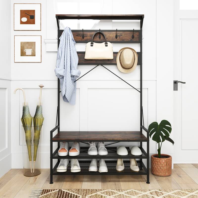 Rustic Brown 4-in-1 Hall Tree with Shoe Bench Coat Hooks Top Shelf and Metal Frame for Entryway Use - 40" x 16" x 72.5"
