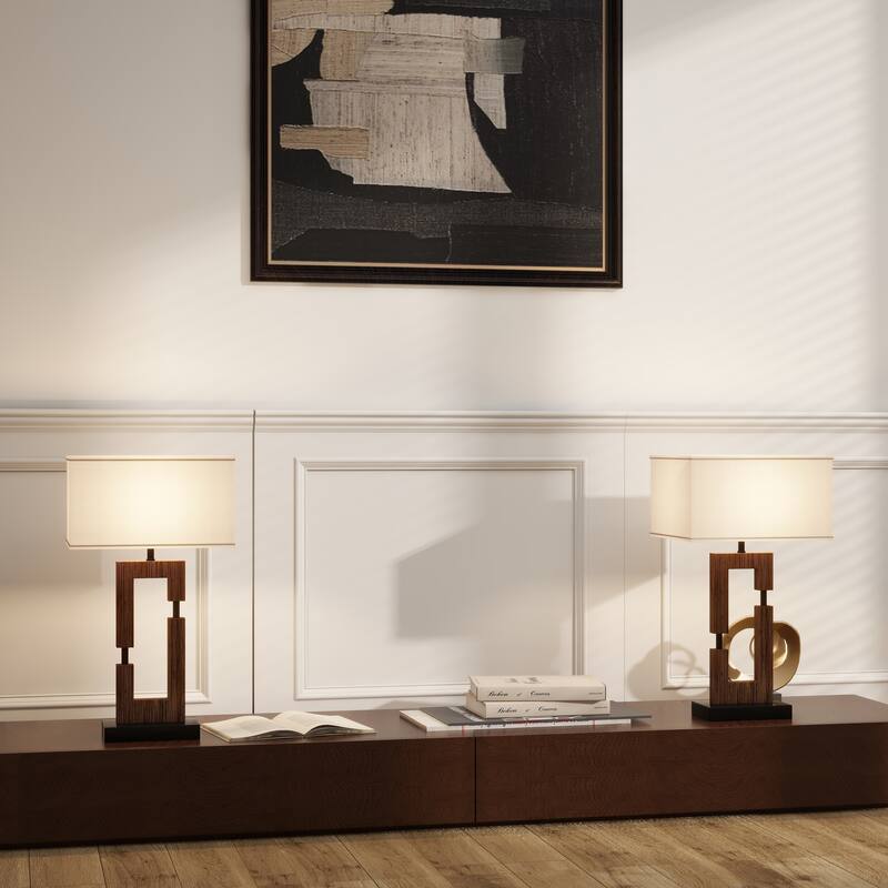 25.9" Wood Table Lamp With Cotton Shade And USB Set of 2