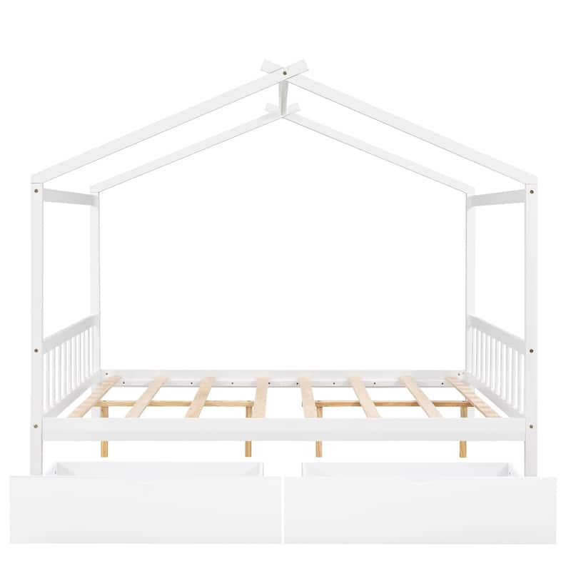 Full Size House Platform Bed with Roof Design and Storage Drawers for Children's Bedrooms, Guest Rooms, Pine Wood