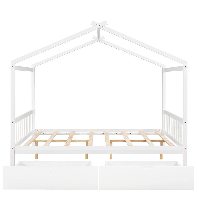 Full Size House Platform Bed with Storage Drawers, Roof, Headboard and Footboard