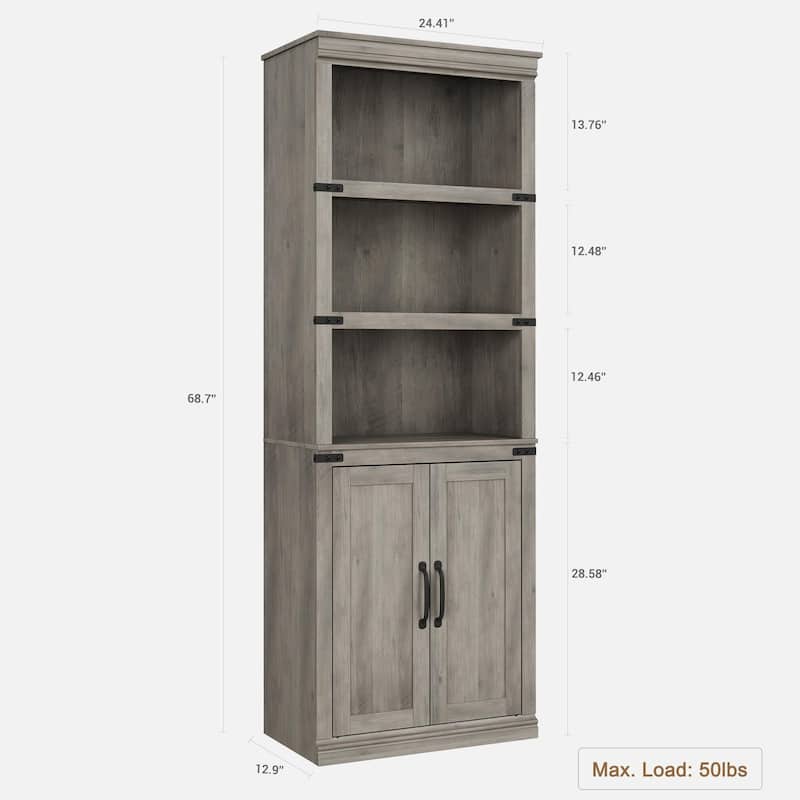 Book Shelf with Door, 5 Tier Wooden Book Case with Storage, 68.7"