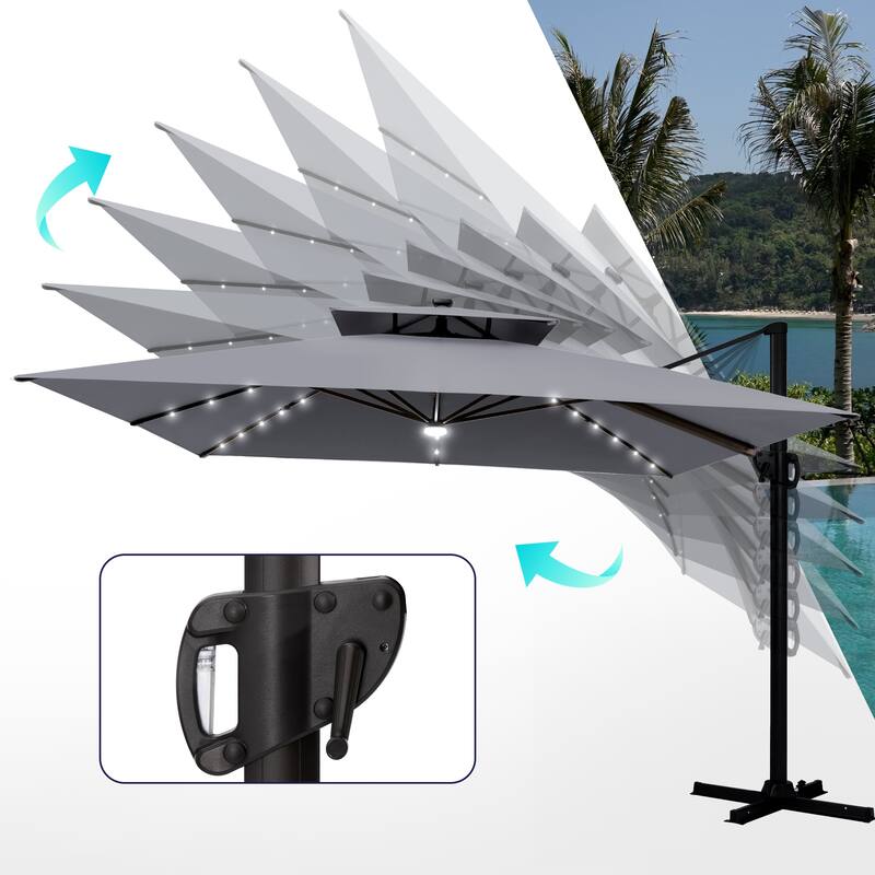 VredHom 11X11 FT Outdoor Square Cantilever Patio Aluminum Umbrella Solar LED Light with Wheel Base