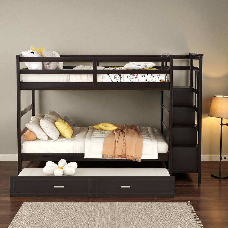 Full Over Full Bunk Bed with Twin Trundle and Storage Staircase, Solid Wood Frame, Space-Saving Design - Espresso - Full