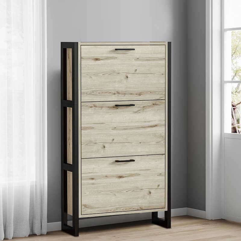 Vintage Industrial Style Wooden Shoe Storage Cabinet with Metal Legs - Natural Grey Wood+Black - 3-drawer