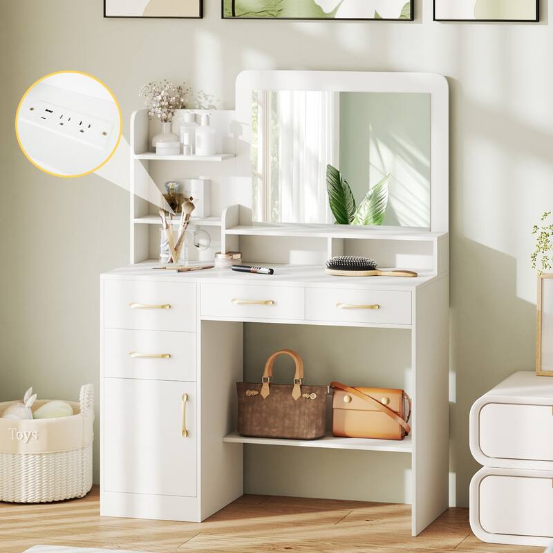 Gymax 39.5'' Modern Makeup Table Vanity Desk w/ Power Outlets & Open