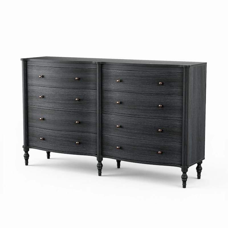 Elegant 8-Drawer Dresser with Solid Wood Legs, Vintage Curved Front Chest of Drawers for Bedroom Storage
