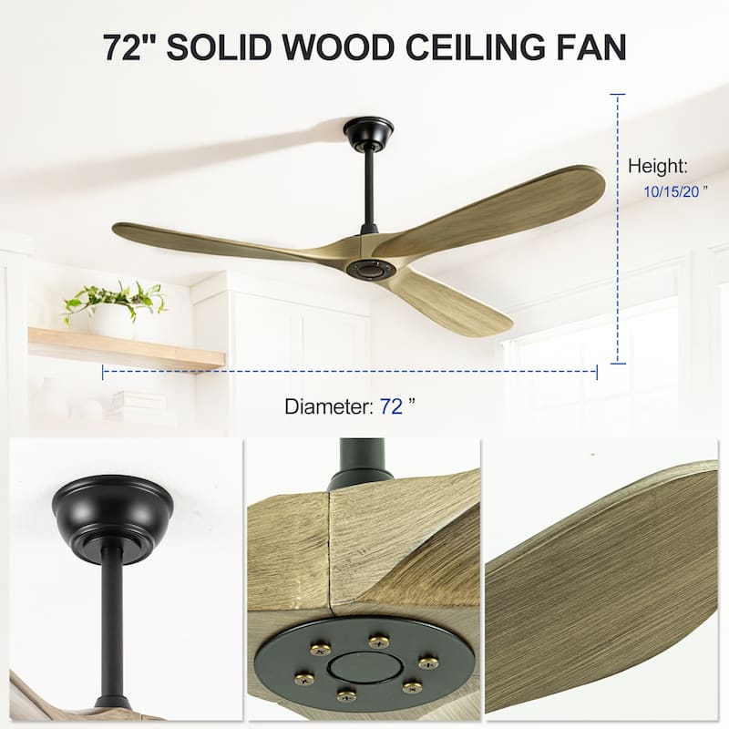 Sofucor 52/60/72 Inch Large Solid Wood Ceiling Fan without Light,With Wall Switch and Remote,for Patio,Living Room,Bedroom,Porch