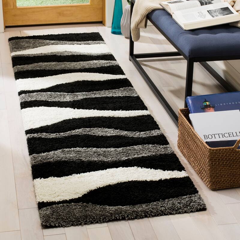SAFAVIEH Florida Shag Cirilla Abstract Wave 1.2-inch Thick Rug - 2'3" x 4' - Grey/Black