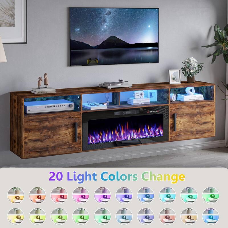 BOSSIN 80" Floating TV Stand with 36" Electric Fireplace, High Gloss Finish Wall Mounted Fireplace TV Stand with Storage