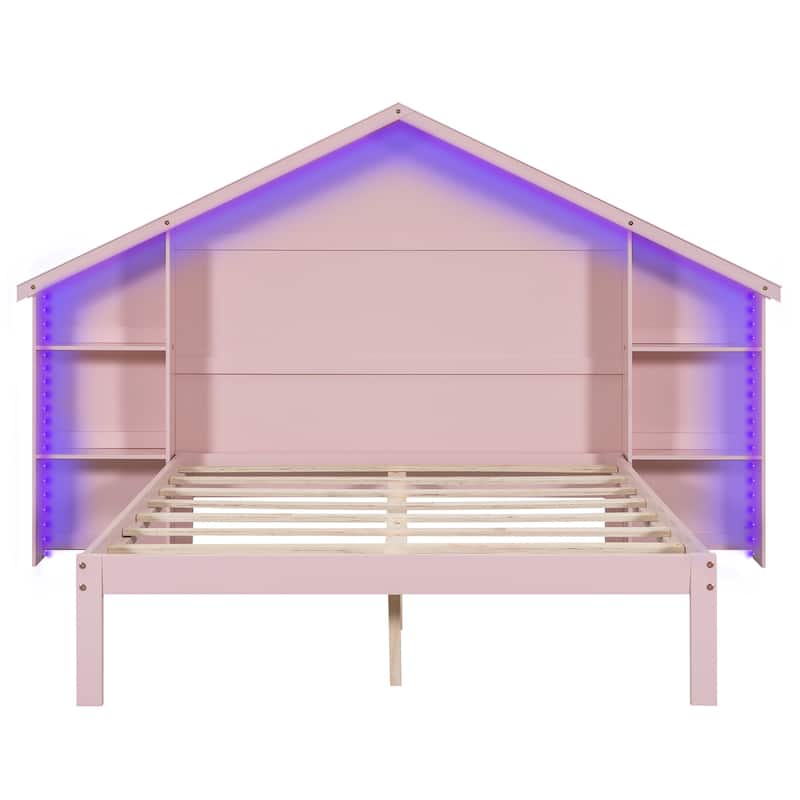 Platform Bed with House-Shaped Storage Headboard and Built-In LED