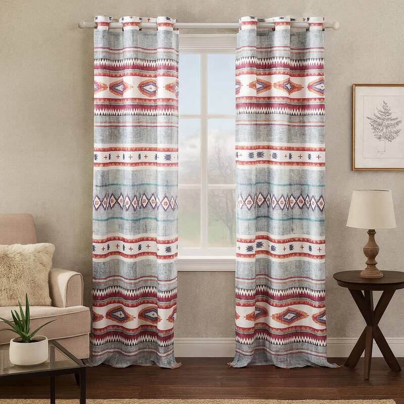 Pimi 2 Panel Curtain Set, Boho Stripes Red White Gray, Microfiber