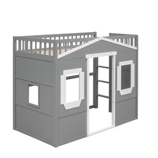 Twin Size House Loft Bed With Ladder,Child-Like House Design Underneath