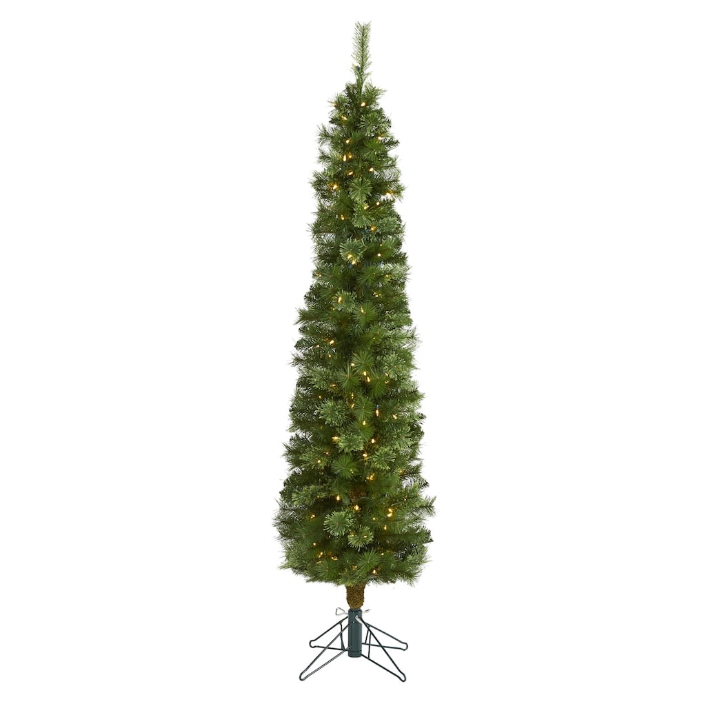 6Ft Pencil Christmas Tree with Lights - Slim Artificial Holiday Tree, Green, 150 LED Lights, Bendable Branches - Green - 72