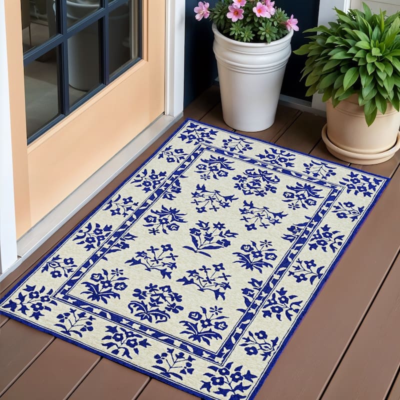 Salo Graceful Floral Weather Resistant Classic Elegance Hand-Woven Outdoor Rug - 3' x 5' - 3' x 5' - Blue