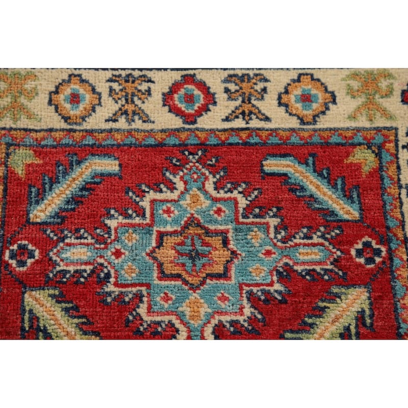Red Geometric Kazak Oriental Accent Rug Hand-Knotted Wool Carpet - 2'0" x 2'10"