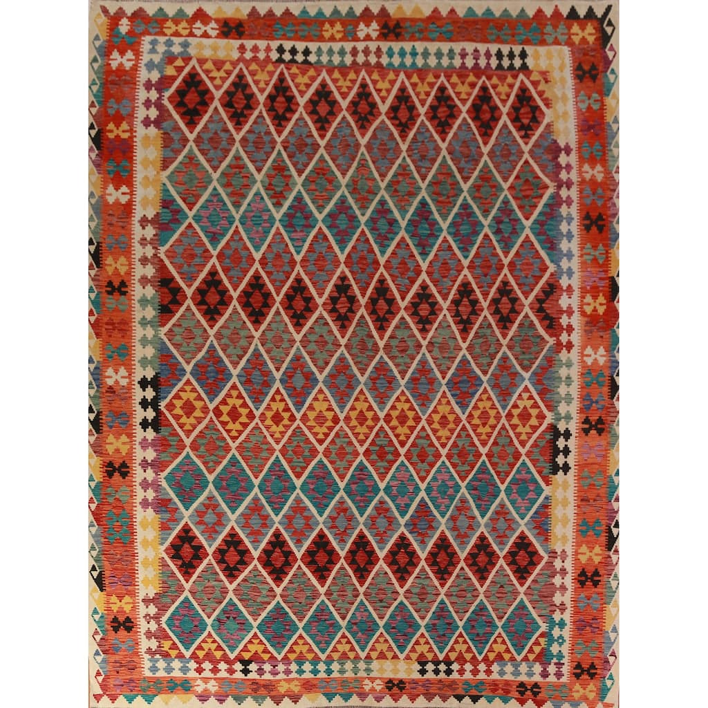 Reversible Kilim Area Rug Hand-Woven Oriental Wool Carpet - 10'3"x 12'6"