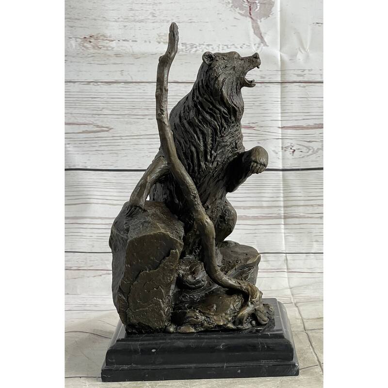 Bear Standing On Boulder Bronze Metal Statue Sculpture Figure On Marble Base